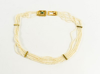 Lot 132 - A five strand seed pearl choker with 18ct gold...