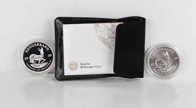 Lot 400 - Two Silver 1oz Krugerrands, cased, with...