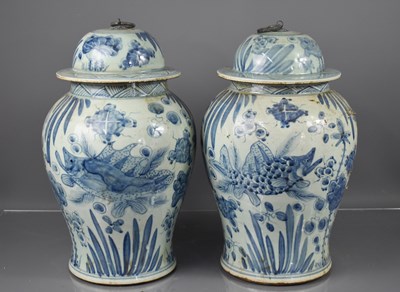 Lot 421 - A pair of antique Chinese blue and white vases,...