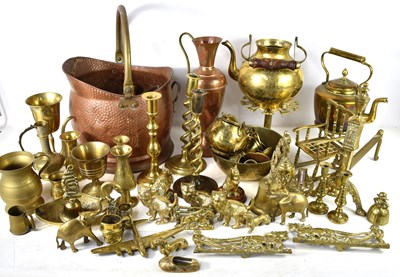 Lot 445 - A large group of brass and copper ware to...