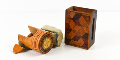 Lot 5 - A 19th century treen table clamp pin cushion,...