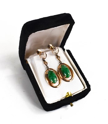 Lot 197 - A pair of Chinese 14ct gold and jade earrings,...