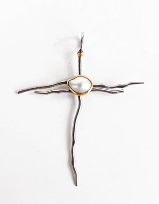 Lot 125 - A silver, gold and pearl cruciform pendant,...