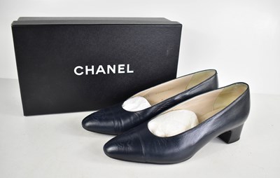 Lot 212 - A pair of Chanel blue heeled shoes, size 38½...
