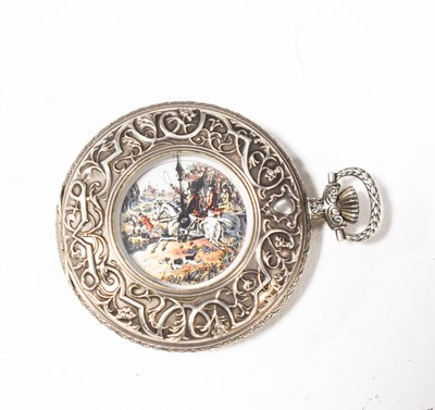 Lot 118 - A silver pocket watch, embossed with huntsman,...
