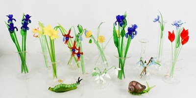 Lot 204 - A group of vintage glass flowers in vases, a...