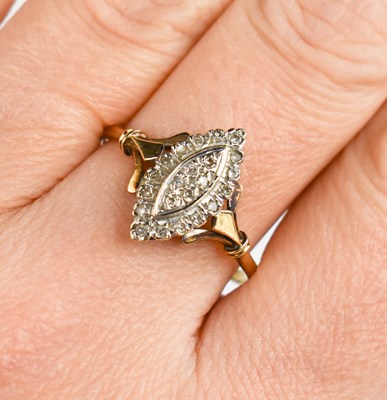 Lot 41 - A 9ct gold Art Deco style marquise set diamond...