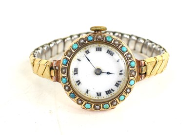 Lot 297 - A 9ct gold, pearl and turquoise wristwatch,...