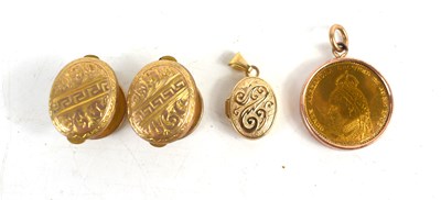 Lot 69 - A 9ct gold pendant locket, 0.78g, a pair of...