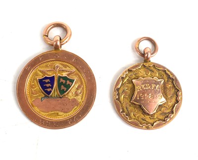 Lot 122 - Two 9ct gold R&D Football club fob medals,...