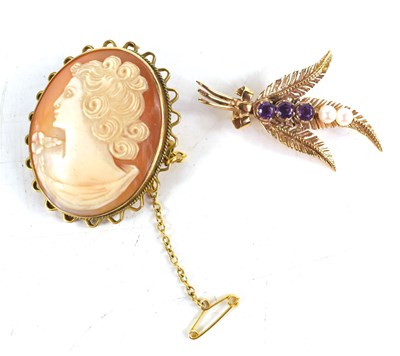 Lot 166 - A 9ct gold, amethyst and pearl brooch, set in...