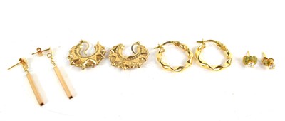 Lot 124 - A group of four pairs of 9ct gold earrings,...