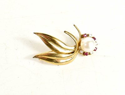 Lot 3 - A 9ct gold, pearl, diamond and ruby brooch, in...