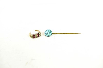 Lot 113 - A yellow metal and turquoise set hat pin, and...