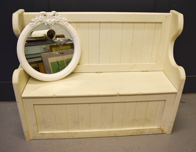 Lot 547 - A painted pine box settle, 96 by 122 by 38cm,...