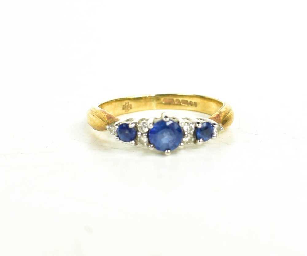 Lot 28 - A 9ct gold, diamond and sapphire ring, size J,...