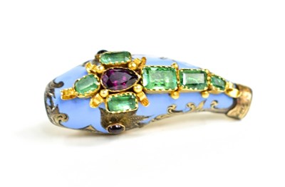 Lot 27 - A gold, blue enamel, emerald and ruby brooch...