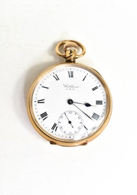 Lot 184 - A 9ct gold Waltham USA pocket watch, the dial...