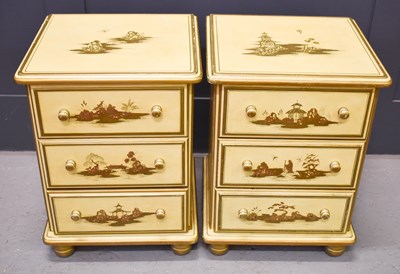 Lot 572 - A pair of Chinoiserie three drawer beside...