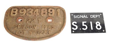 Lot 145 - A cast iron "Shildon 1960" B934891 wagon plate...