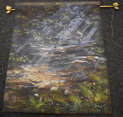 Lot 391 - Hanging painting, oil on fabric depicting...