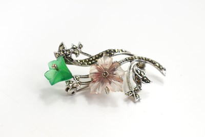 Lot 44 - A silver, rose quartz and jade flower spray...