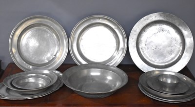 Lot 338 - A collection of 18th century pewter chargers...