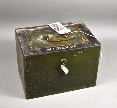 Lot 94 - A small 19th century steel strongbox, in green...