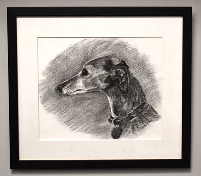 Lot 266 - Charcoal on paper drawing of greyhound-like...