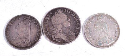 Lot 262 - A William III silver crown dated 1696 together...