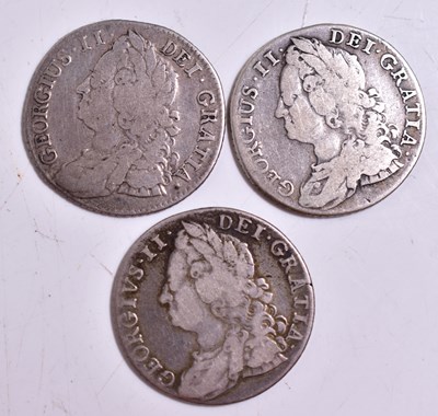 Lot 232 - Three George II silver shillings, roses, dated...