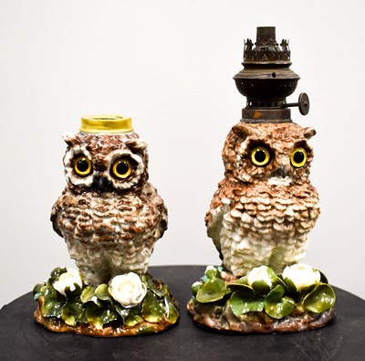 Lot 9 - Two Sitzendorf porcelain owl form oil lamps,...