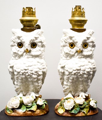 Lot 12 - A pair of 19th century Sitzendorf owl form oil...
