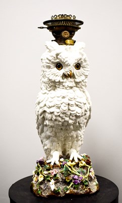 Lot 4 - A 19th century Sitzendorf owl form oil lamp,...
