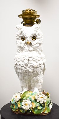 Lot 6 - A 19th century Sitzendorf owl form oil lamp,...