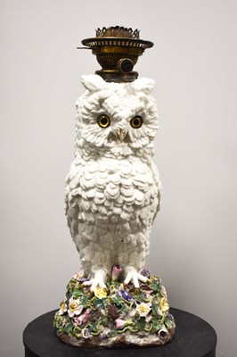 Lot 10 - A 19th century Sitzendorf owl form oil lamp,...