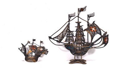 Lot 168 - A silver and enamel filigree work ship at full...
