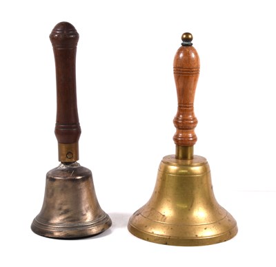 Lot 376 - Two vintage brass and bronze school hand bells,...