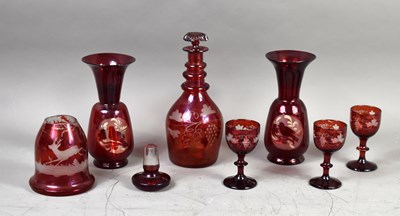 Lot 101 - A Victorian Bohemian cranberry glass decanter...