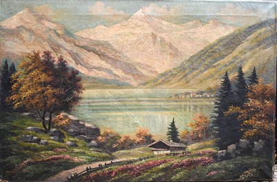 Lot 250 - Paul Kujal (1888-1965): Swiss mountain lake...