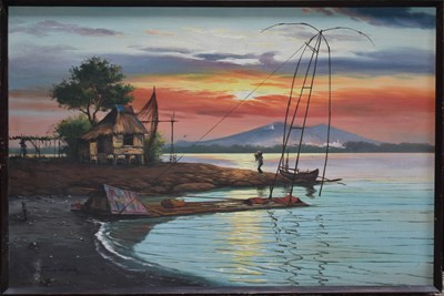 Lot 117 - D. Tinomas (20th Century): Manila at sunset,...