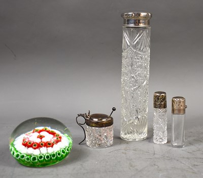 Lot 172 - A cut glass vanity jar, the silver plated top...