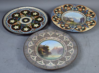 Lot 218 - Three Swiss Thoune majolica chargers, two with...
