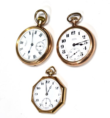 Lot 274 - A group of three gold plated pocket watches to...