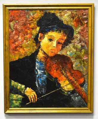 Lot 370 - The Violinist, oil on canvas depicting woman...