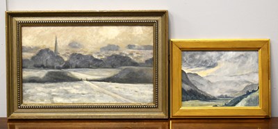 Lot 383 - Two oil on panel snow scenes, titled Welsh...