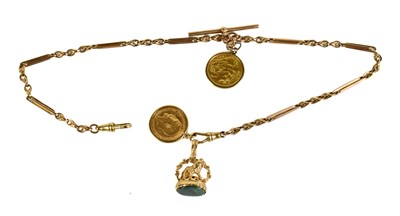 Lot 260 - A 9ct gold Albert chain and T bar with a Queen...