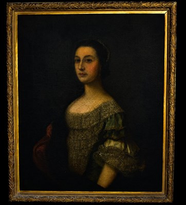 Lot 413 - An 18th century portrait of a lady, depicted...