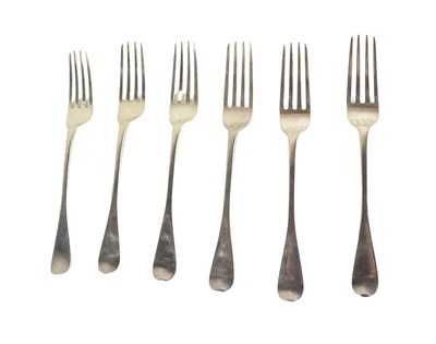 Lot 366 - A set of six Georgian silver forks, hallmarked...