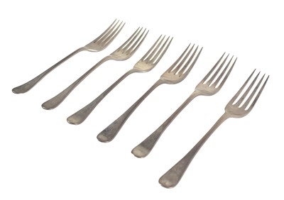 Lot 364 - A set of six Georgian silver forks, hallmarked...
